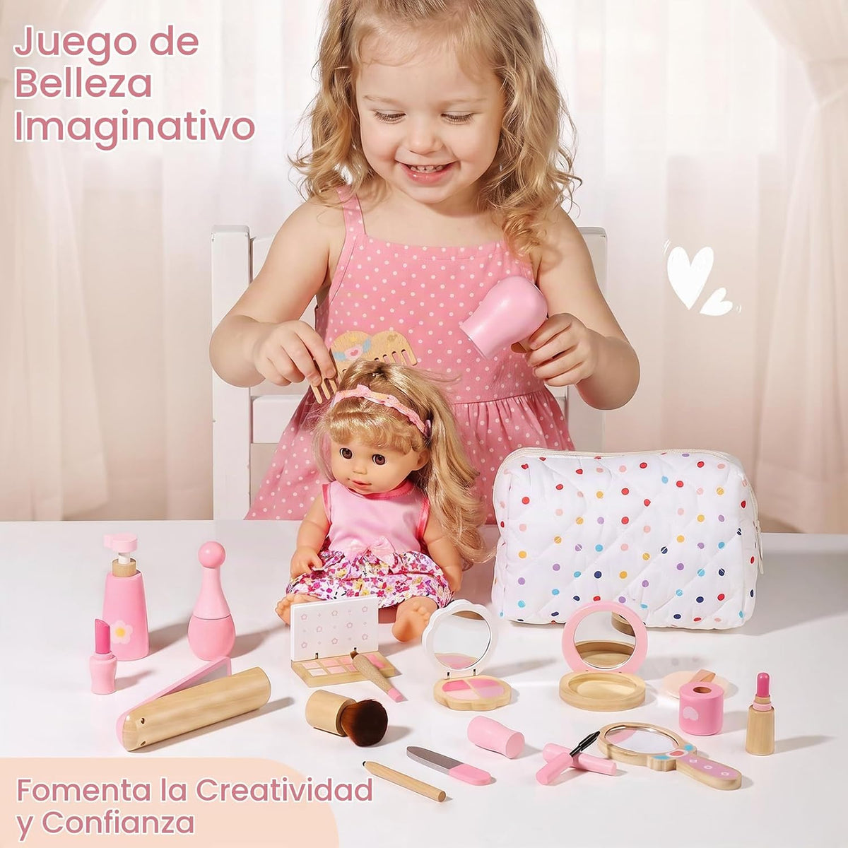 GAGAKU Kit de maquillaje de madera para niñas pequeñas – Juego de maquillaje realista de 17 piezas con bolsa de cosméticos suave, secador de pelo, lápiz labial y espejo, juguete de maquillaje falso