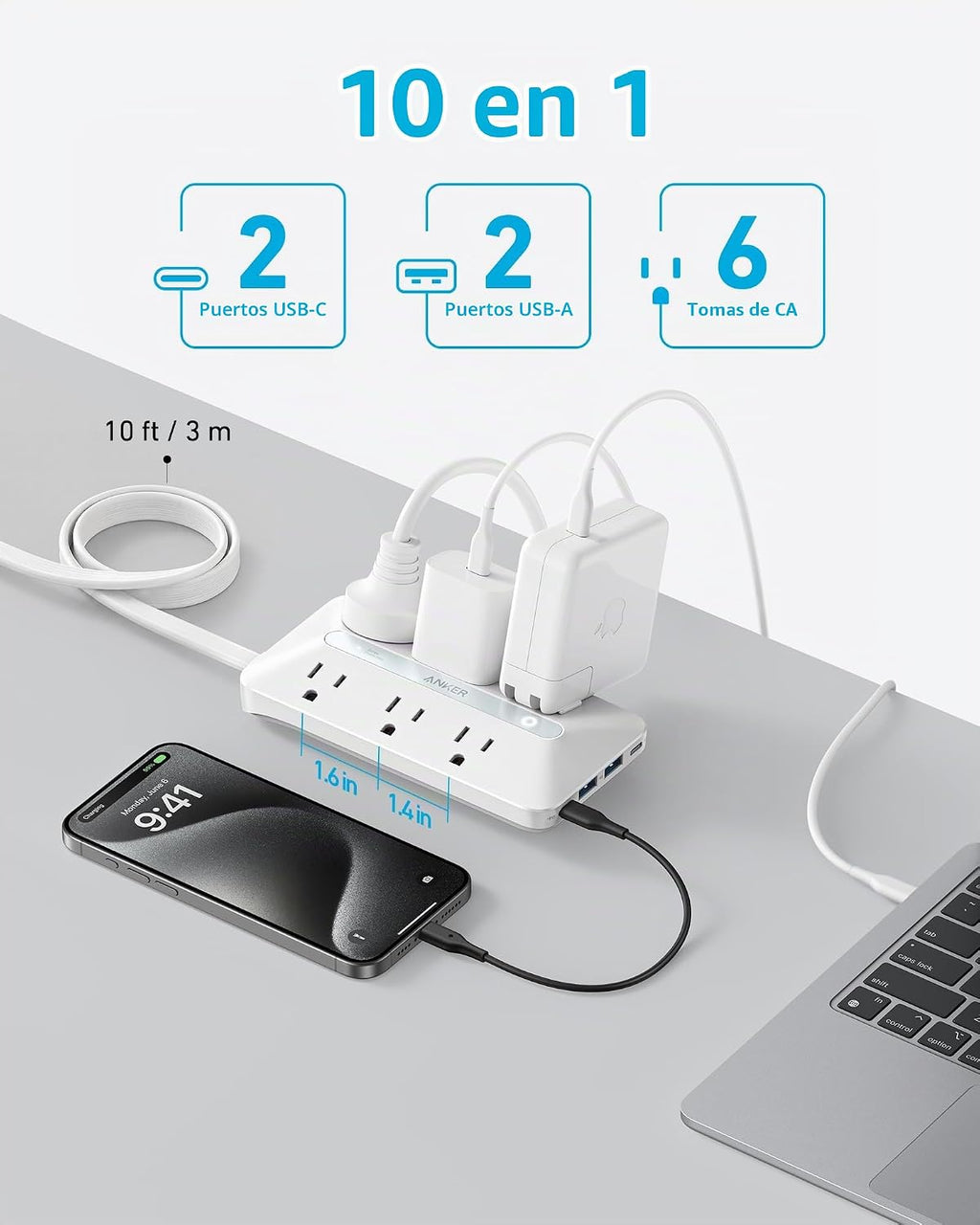 Anker - Regleta de alimentación con protector de sobretensiones de 300J