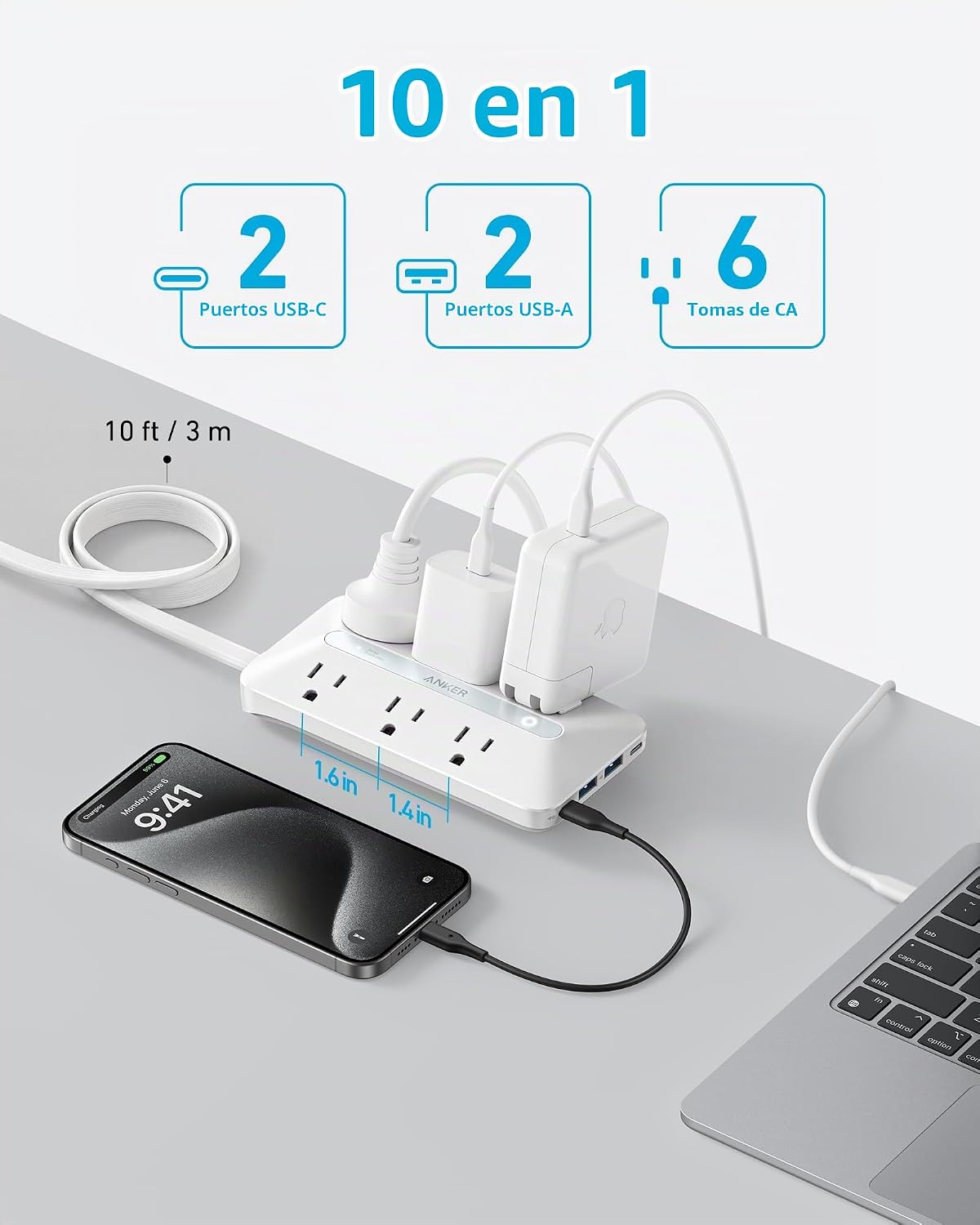 Anker - Regleta de alimentación con protector de sobretensiones de 300J