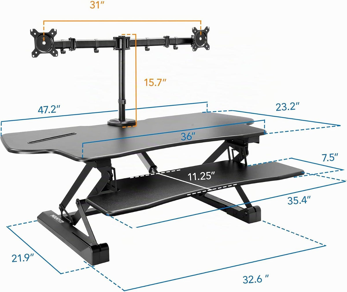 Mount-It! Convertidor eléctrico de escritorio de pie con brazo para monitor doble, elevador de escritorio de pie XL de 47.2 pulgadas de ancho, elevador eléctrico para escritorio con soporte para 2 pantallas (máx. 32 pulgadas), escritorio con bandeja