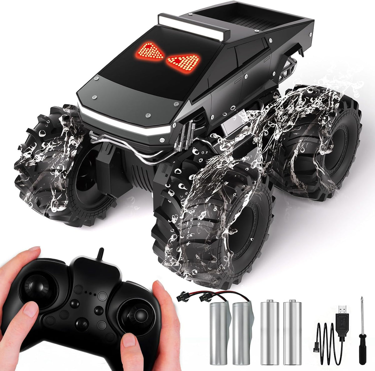 Auto a control remoto con ojos dinámicos LED, autos RC anfibios 1:18, camioneta todo terreno 4WD, camión cibernético impermeable de 2.4 GHz, camión monstruo giratorio de 360°, juguetes para niños