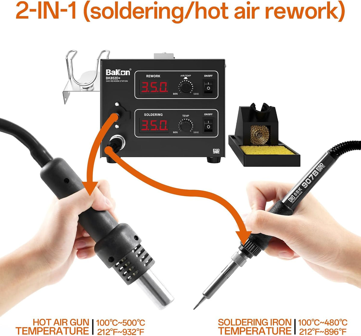 Bakon 852d+ Kit de pistola de calor y soldador 2 en 1, estación de soldadura de retrabajo de aire caliente SMD, kit electrónico de múltiples funciones, pantalla digital LED, temperatura ajustable tipo