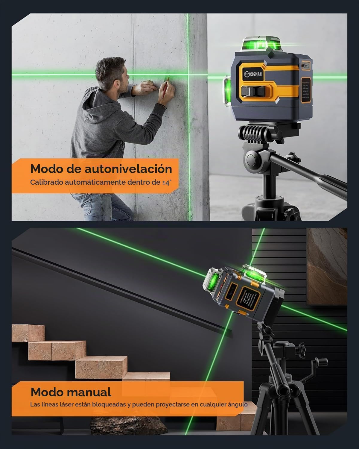 CIGMAN Nivel láser verde 3x360° autonivelante, control de aplicación CM-S01