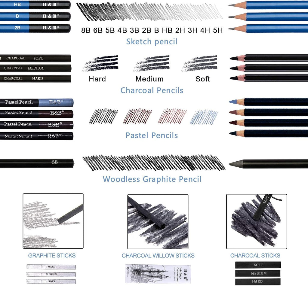 H & B Kit de dibujo profesional de 40 piezas, kit completo de artista, incluye lápices de grafito, pasteles, sacapuntas y borrador