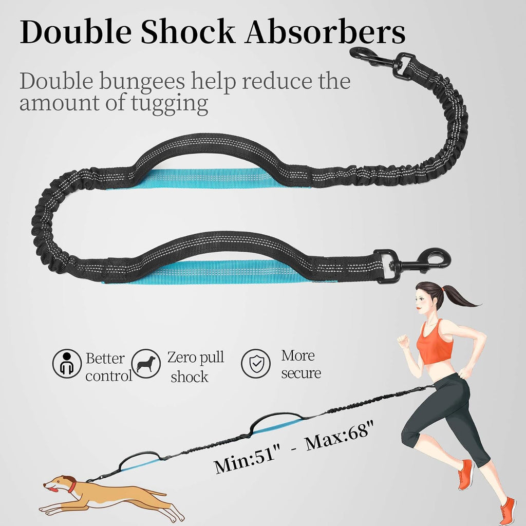 Correa para perro manos libres con bolsa de cremallera, asas acolchadas dobles y elástico duradero para caminar, trotar y correr a tu perro (grande, 25-120 libras, negro)