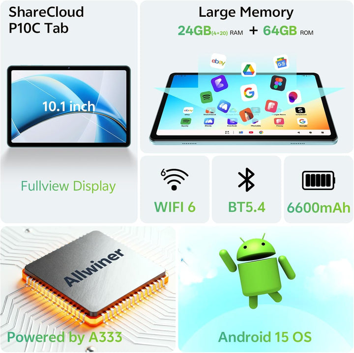 SHARECLOUD Tablet de 10.1 pulgadas, Tablet Android 15 con Funda, 24...