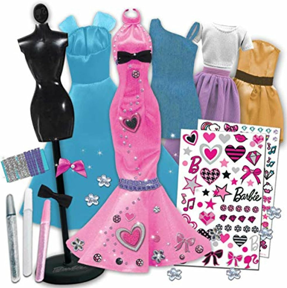 Tara Toys Barbie Sé una verdadera diseñadora de modas Set clásico de kit de ropa de muñeca DIY para niñas con tela, cintas, pegatinas y libro de bocetos Juguetes de moda creativa para niñas de 6 años