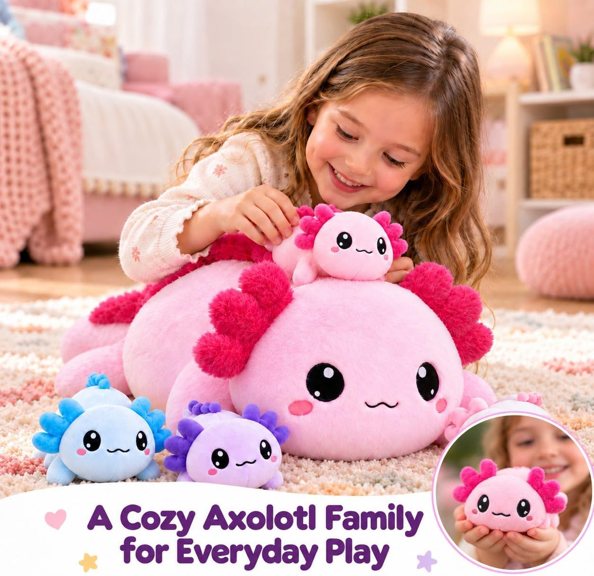 Axolotl - Animal de peluche con bebés, lindo peluche de axolote de mamá con 4 mini axolotes de bebé, conjunto familiar de anfibios suave, regalo de peluche Kawaii para niños, niñas, niños y