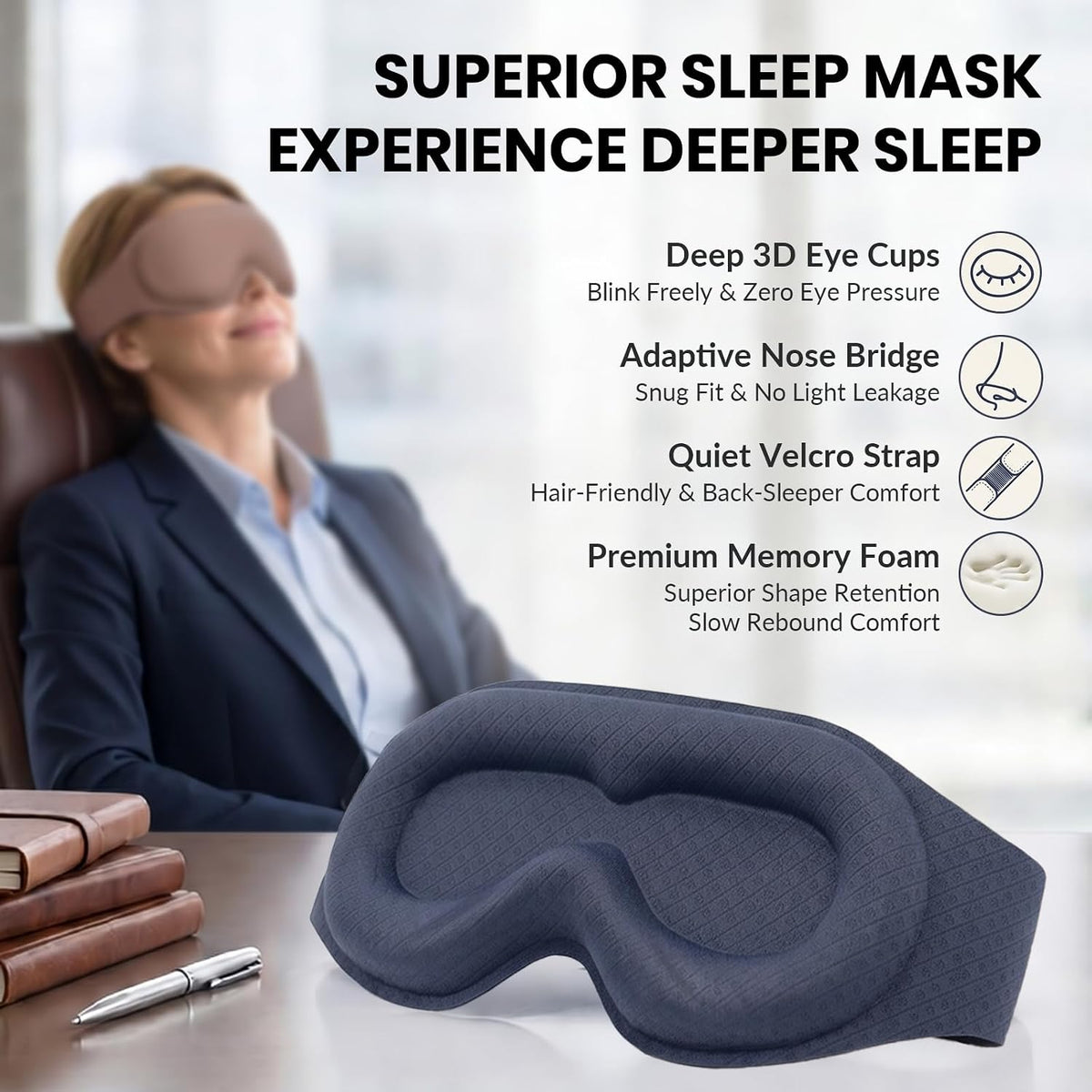 Máscara de dormir ultra opaca para mujer, máscara de ojos 3D con copas espaciosas para presión ocular cero, extensiones de pestañas y apta para el cabello, cubierta suave y cómoda para