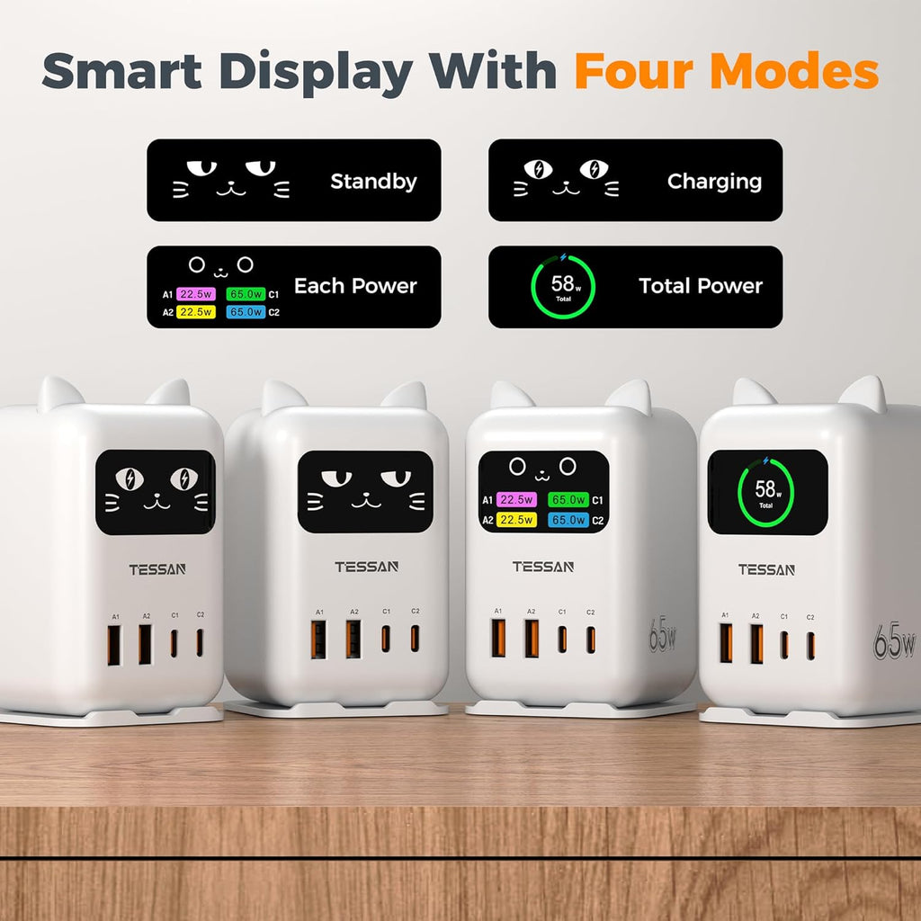 USB C Cargador Bloque PD 65W, Estación de Carga TESSAN para Múltiples Dispositivos