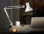 Lámpara Bostitch Office VLF100-WHT - Lámpara de escritorio con brazo oscilante con montaje de abrazadera, alcance de 36 pulgadas con ajuste de múltiples juntas, incluye bombilla LED reemplazable (VLF), color