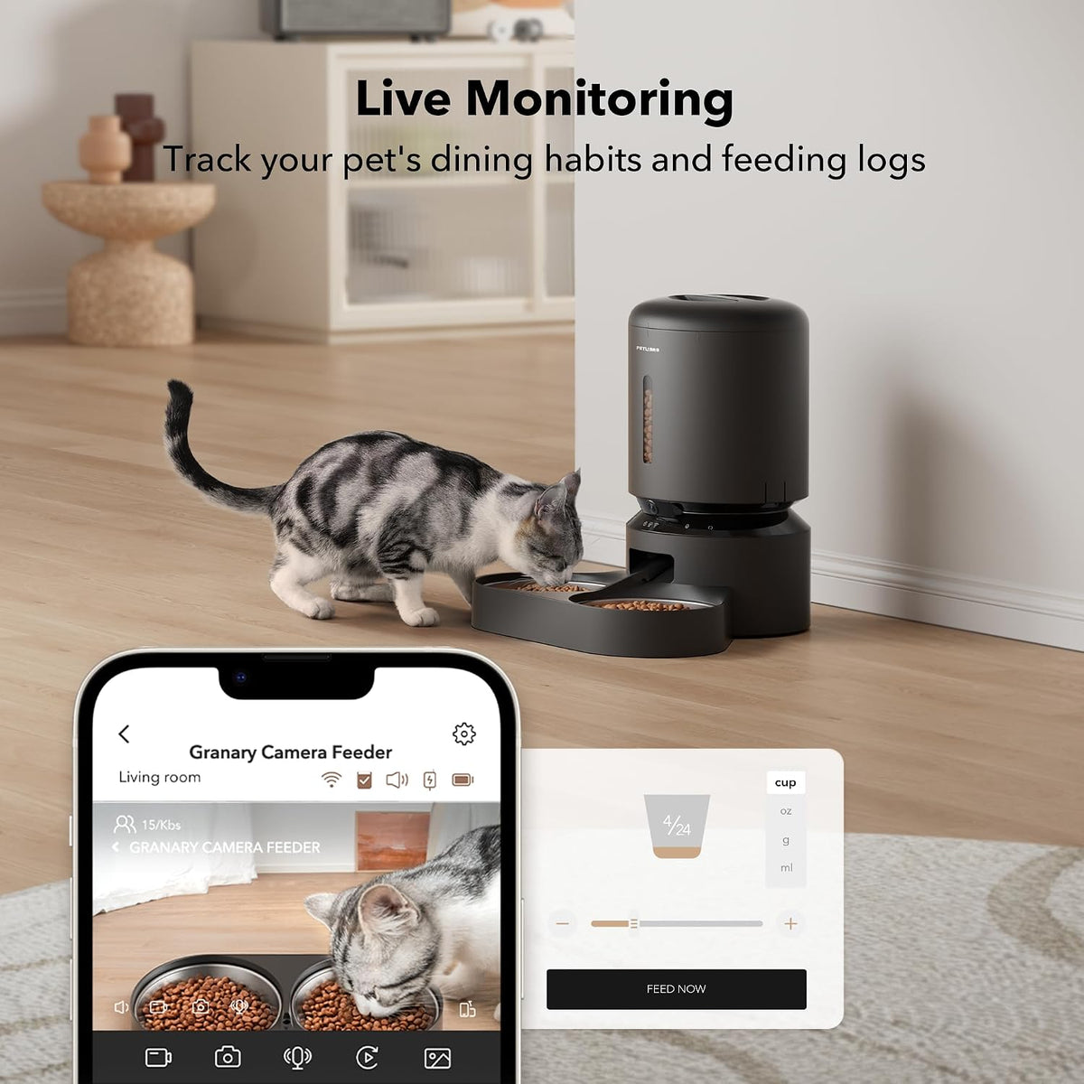 PETLIBRO Comedero automático para gatos con cámara para dos gatos, video HD 1080P con visión nocturna, alimentador WiFi 5G para mascotas con audio de 2 vías para gatos y perros