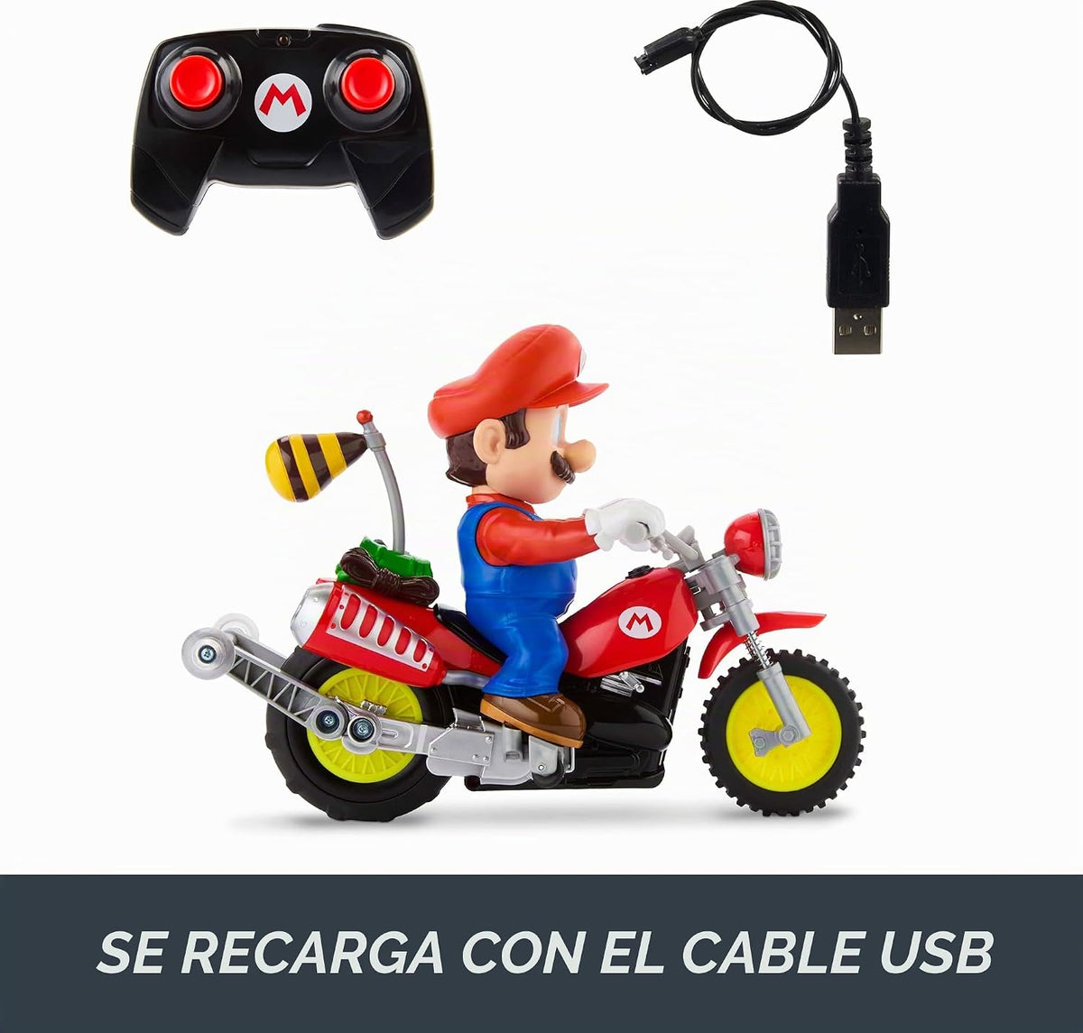 Hot Wheels Mario Wheelie Motocross RC, vehículo a batería con control remoto