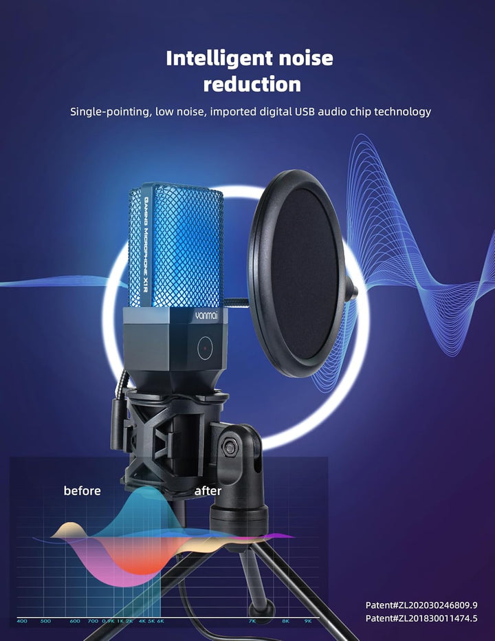 Yanmai Micrófono USB, condensador cardioide, iluminación RGB, trípo...