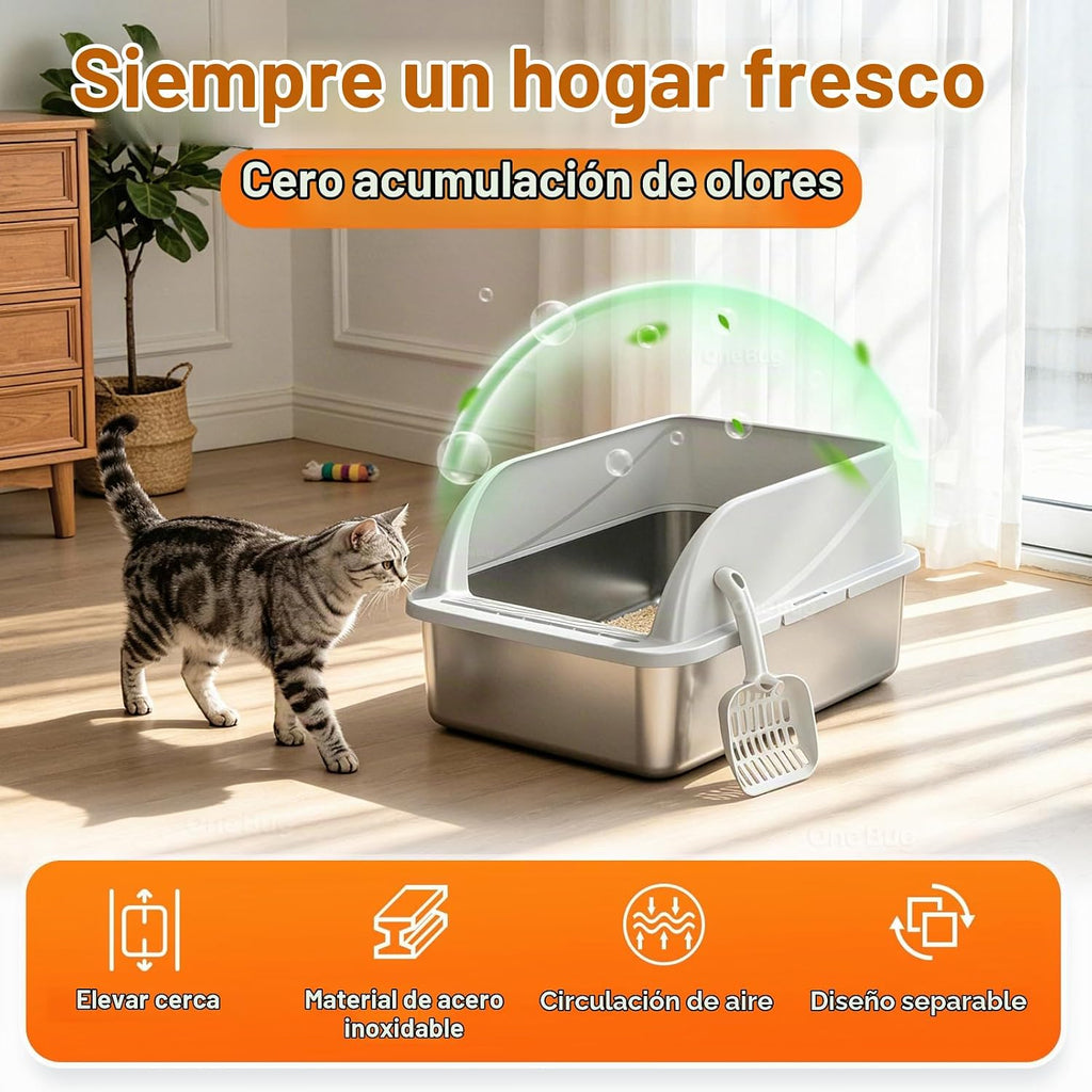 Caja de arena para gatos de acero inoxidable con cuchara, tamaño mediano