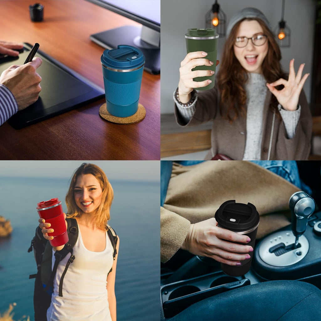 Paquete de 4 tazas de café aisladas con tapa, vaso de café de viaje de 17 onzas, tazas de café reutilizables de acero inoxidable, taza de café térmica para bebidas frías y calientes, multicolor