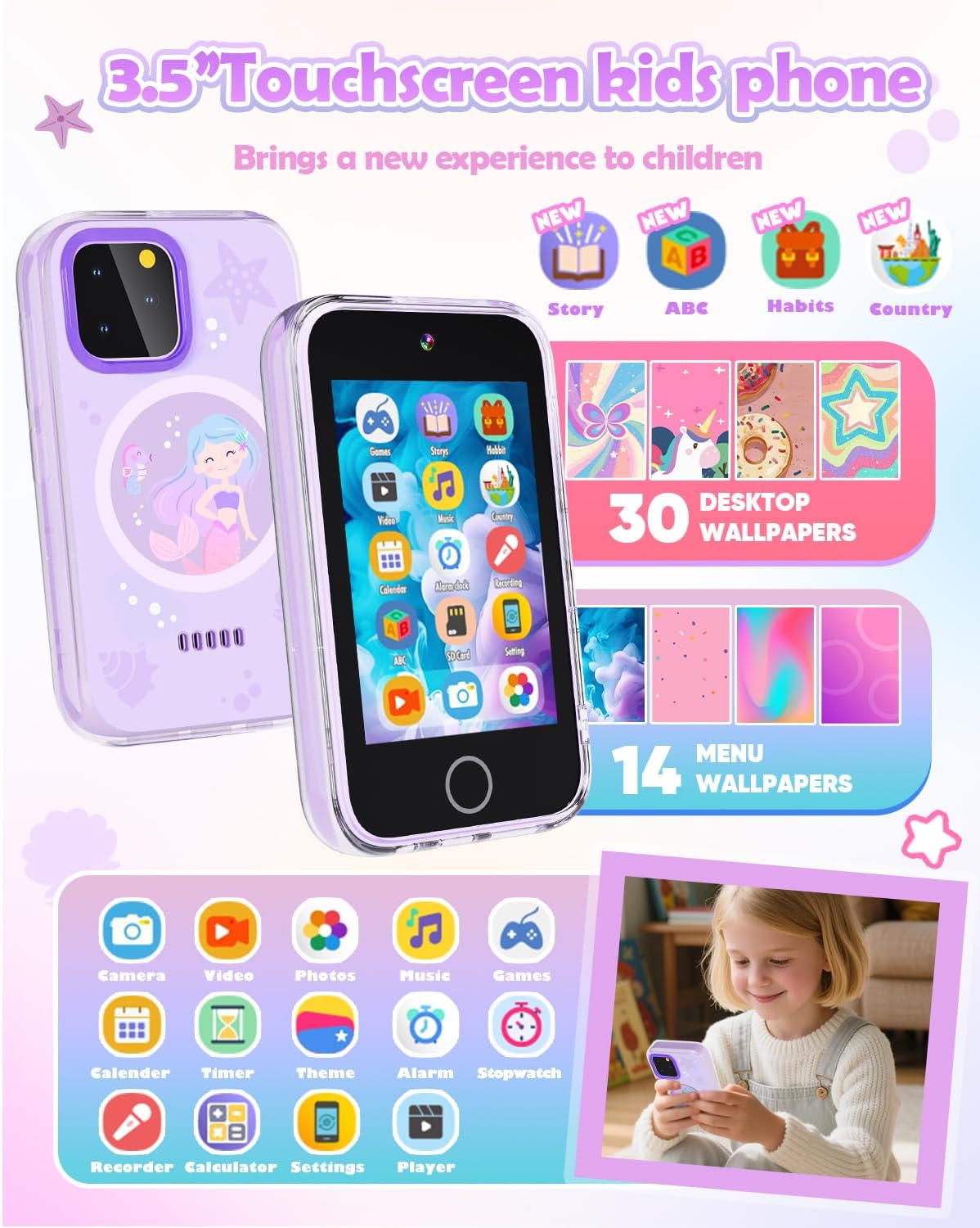 Dylanto Teléfono para niños, teléfono con pantalla táctil de 3.5 pulgadas para niños, juguetes de aprendizaje para niñas de 3 a 9 años con doble cámara, reproductores de video, juegos, regalos de cumpleaños de Navidad para niñas de 3, 4, 5, 6, 7, 8, 9, co