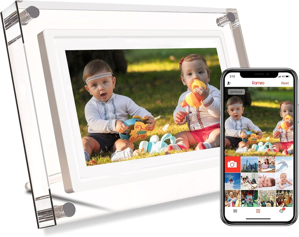 Frameo 7INCH WiFi Acrílico Marco Digital de Fotos, Pantalla IPS 1024 * 600, 32GB de Memoria Incorporada, Rotación Automática, Comparte Tu Amor En Cualquier Momento y Lugar