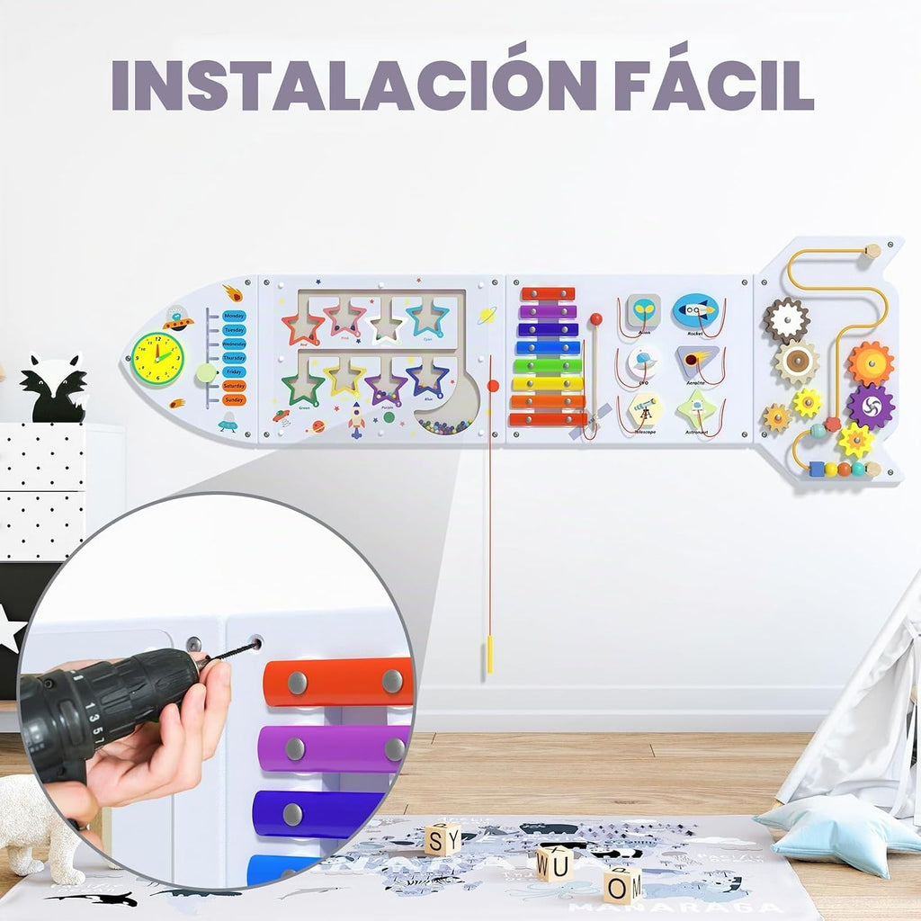 Paneles de pared con actividades de cohete, panel de pared sensorial para niños, tablero de actividades de pared Montessori para niños pequeños, juguetes de pared para niños pequeños de 3 años, cubo de actividades, tablas de madera, blanco y gris (4