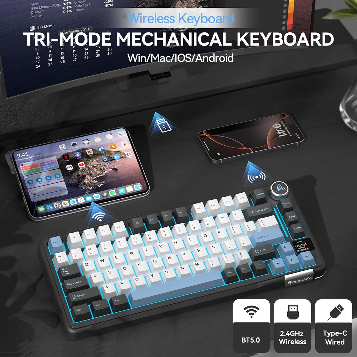 SOLAKAKA A75 PRO Teclado negro para juegos 75% mecánico inalámbrico...