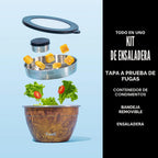 Kit de tazón para ensalada de acero inoxidable S’well de 64oz, acabado en madera de teca, incluye contenedor de condimentos de 2oz y bandeja extraíble, a prueba de fugas y fácil de limpiar, apto para