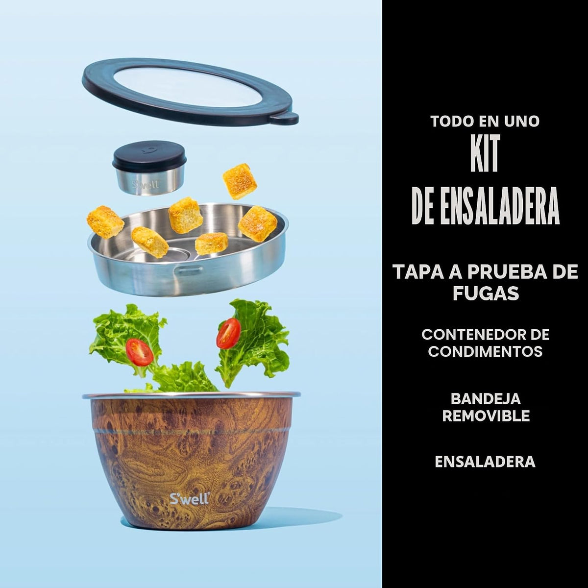 Kit de tazón para ensalada de acero inoxidable S’well de 64oz, acabado en madera de teca, incluye contenedor de condimentos de 2oz y bandeja extraíble, a prueba de fugas y fácil de limpiar, apto para
