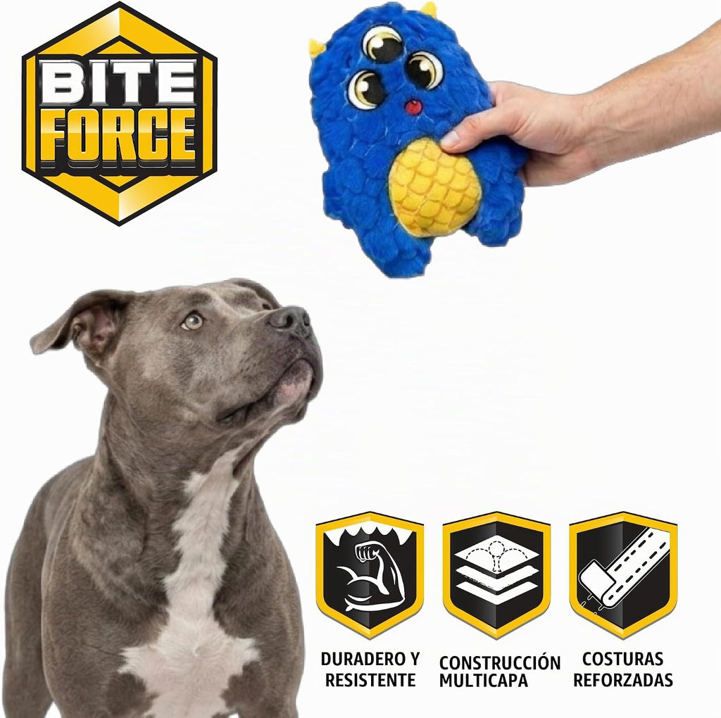 Bite Force - Juguete duradero y fuerte para perros, monstruo Frank Furocious azul con chirriador, costuras reforzadas con Kevlar para masticadores agresivos.