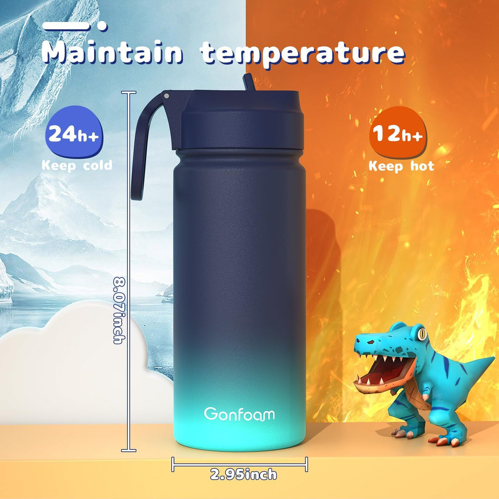 Gonfoam Botella de agua aislada de acero inoxidable para niños de 16 onzas