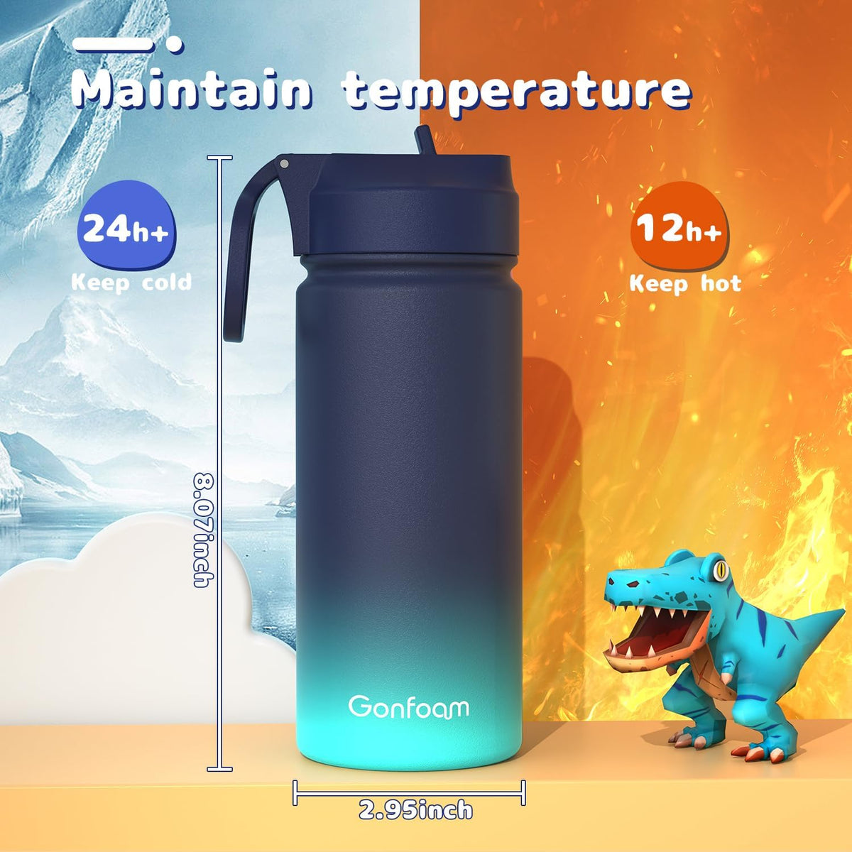 Gonfoam Botella de agua aislada de acero inoxidable para niños de 16 onzas