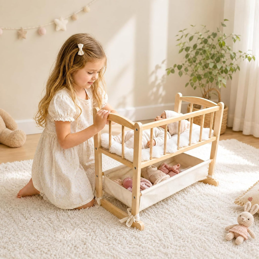 Cuna de madera 2 en 1 para muñeca con cesta de almacenamiento, se