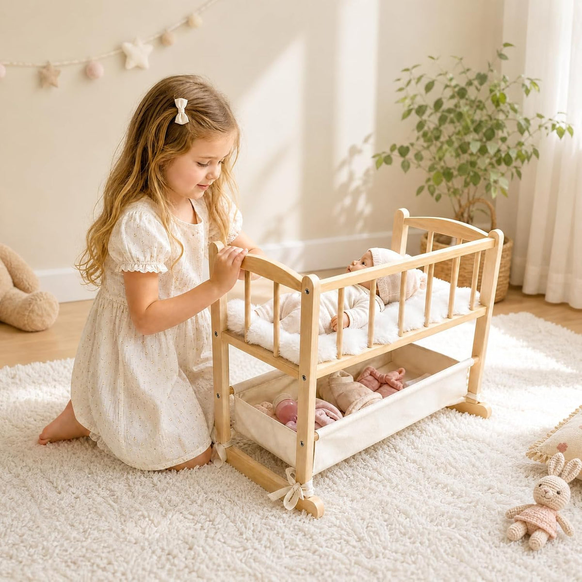 Cuna de madera 2 en 1 para muñeca con cesta de almacenamiento, se