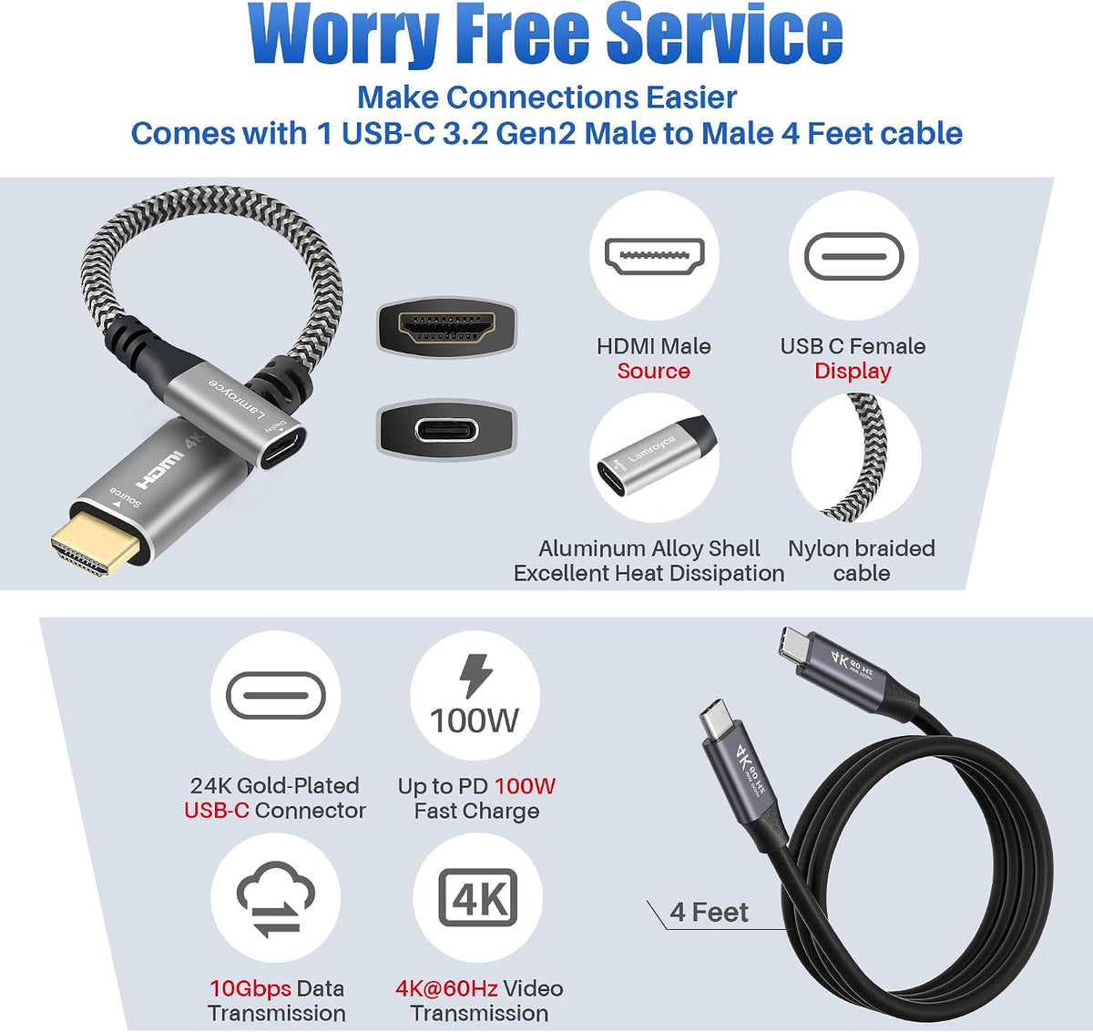 Adaptador HDMI activo a USB C con cable USB C 4K@60Hz, unidireccional