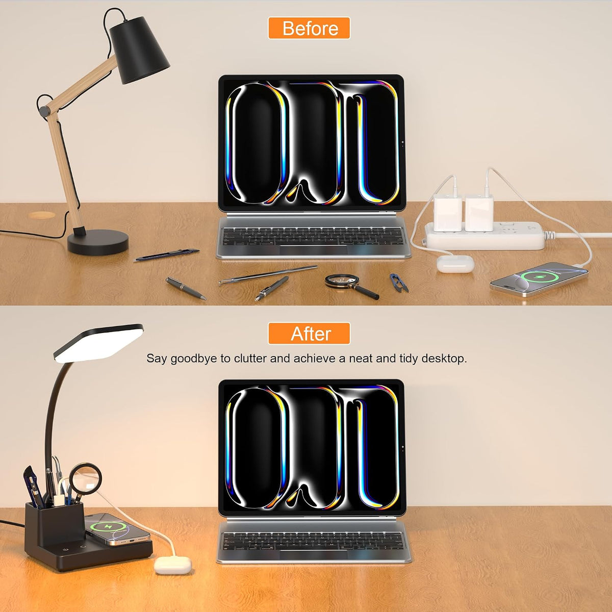 Lámpara Lámpara de escritorio de carga inalámbrica con carga USB y soporte para bolígrafo, color negro mate