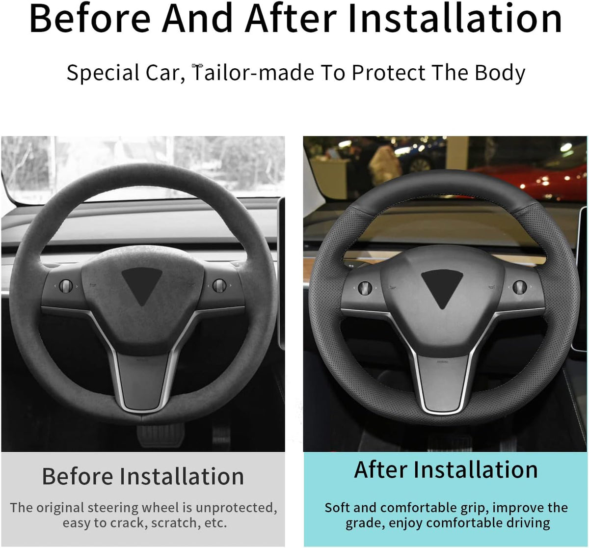 Funda para volante cosida a mano, apta para Tesla Model 3 2017-2023/Modelo Y 2020-2023, funda antideslizante de cuero de microfibra transpirable para volante de automóvil, accesorios para el interior del automóvil