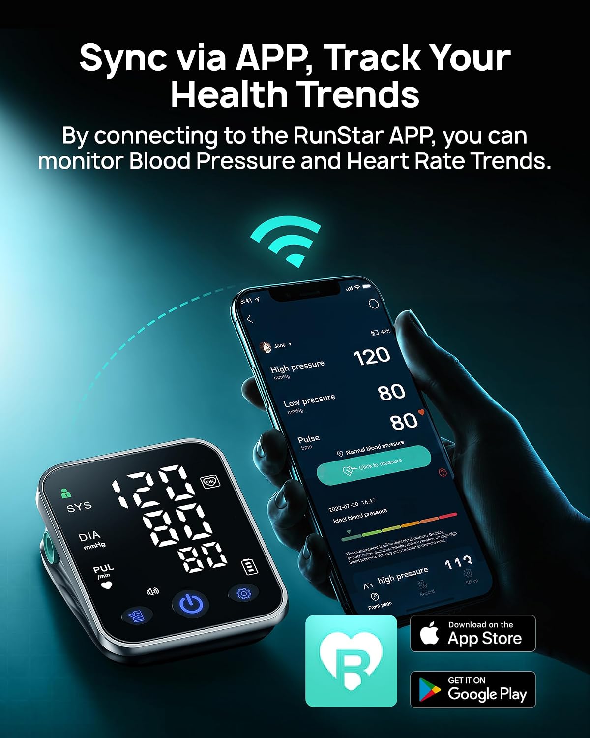 RunStar Monitor inteligente de presión arterial para uso doméstico, brazalete BP superior del brazo de 8.6 a 16.5 pulgadas, pantalla LED grande de 5.0 pulgadas, elegible para FSA y HSA, máquina de