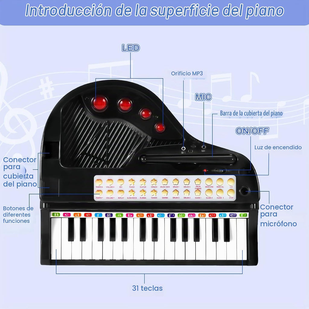 Love&Mini - Piano/teclado de juguete de 31 teclas para niños de 3, 4, 5 años – Instrumentos musical electrónico con taburete para bebé como regalo de cumpleaños