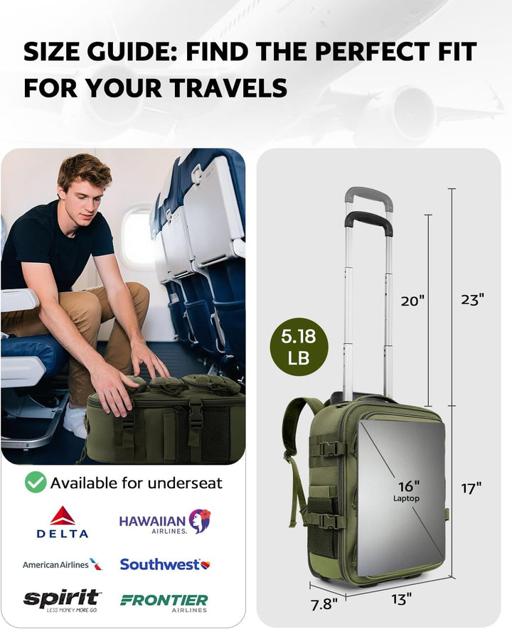 AUROTIER Mochila Táctica con Ruedas para Laptop, Equipaje de Mano c...