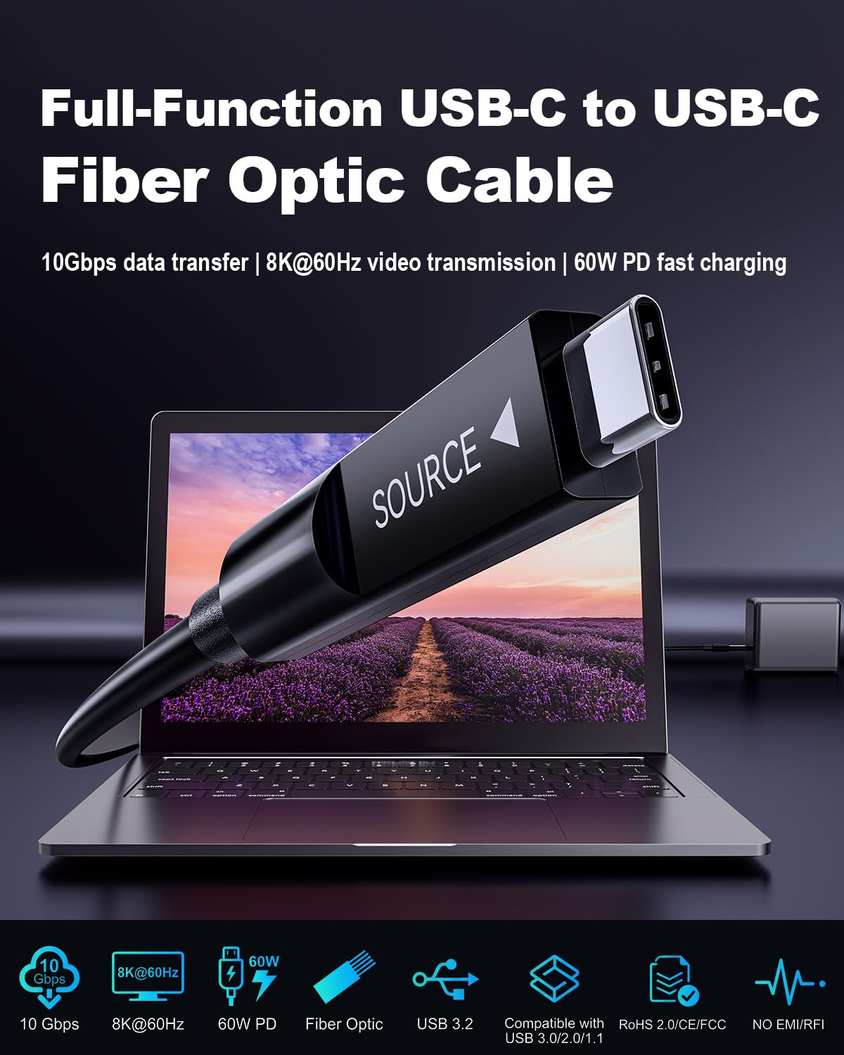 Cable USB C de fibra óptica de 25 pies, cable USB C activo largo a USB C de transferencia de datos de 10 Gbps, cable óptico tipo C de 60 W de carga rápida para VR, AR, cámara, computadora, cámara web