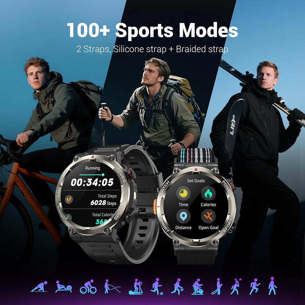 Reloj Inteligente Militar para Hombres (Responder/Realizar Llamadas), Reloj Inteligente Exterior con 100 Días de Batería/Linterna/Brújula/Frecuencia Cardíaca/SpO2/Sueño/2 Correas, Reloj Deportivo Robusto para iPhone/Android
