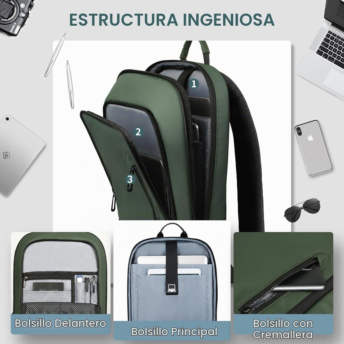 HK - Mochila para hombre, bolsa delgada para computadora portátil de 15,6