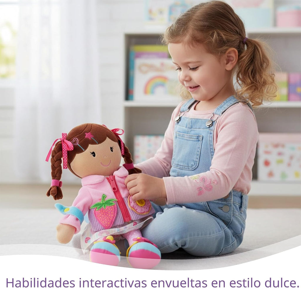 June Garden Dressy Friends Daisy de 15.5 pulgadas, muñeca de peluche educativa para niños y niños pequeños de 2 años en adelante, juguete suave con hebilla Montessori
