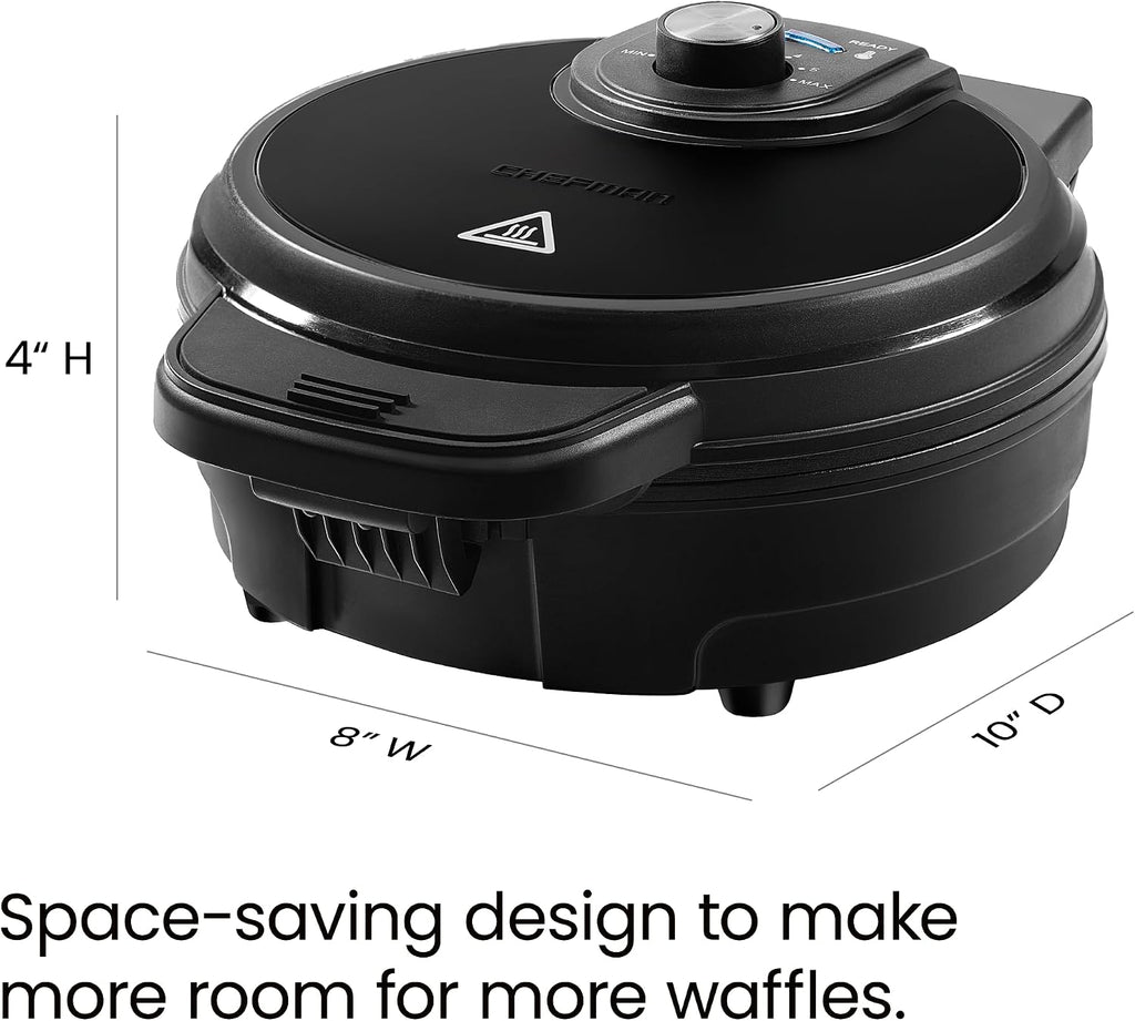 Chefman - Máquina para hacer waffles belgas antidesbordamiento con selector de tono, control de temperatura, foso sin ensuciar, plancha redonda de hierro con placas antiadherentes y mango de tacto