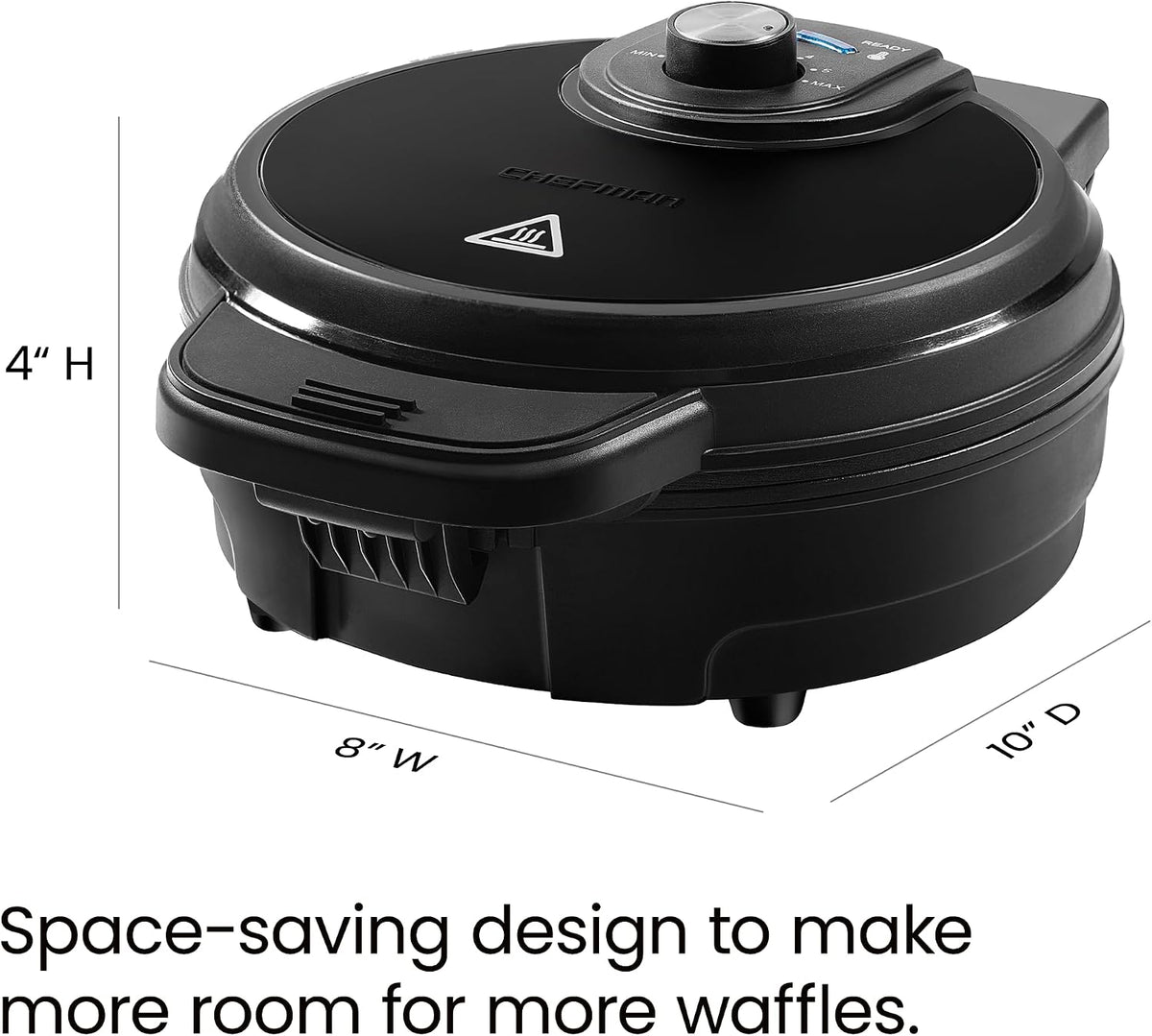 Chefman - Máquina para hacer waffles belgas antidesbordamiento con selector de tono, control de temperatura, foso sin ensuciar, plancha redonda de hierro con placas antiadherentes y mango de tacto