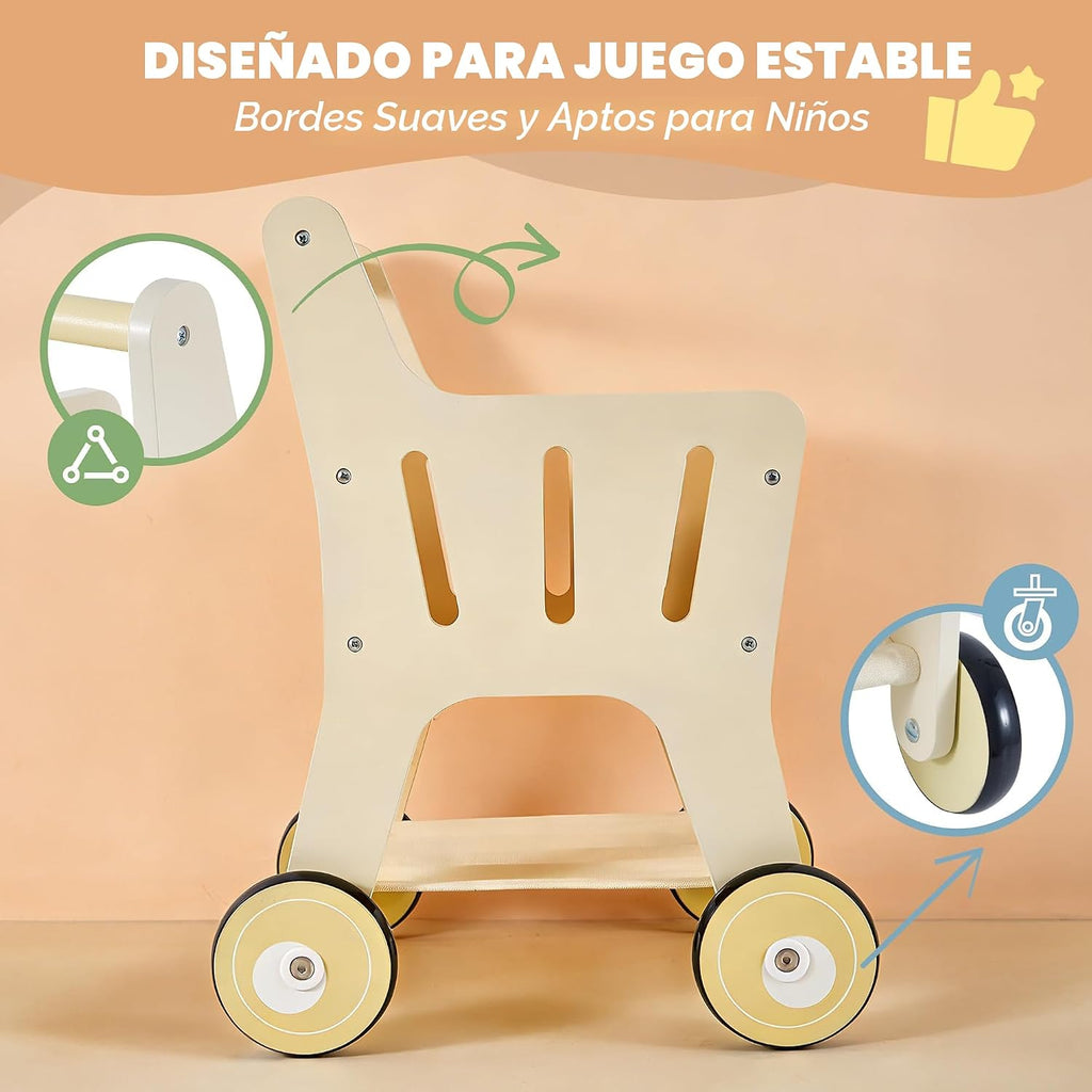 Carrito de compras de madera para niños, 3 en 1 caminante de madera para bebés, cochecito de muñeca de bebé, carrito de compras de juguete para niños pequeños de 1 a 3 años