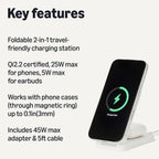 Amazon Basics MagSafe - Estación de carga inalámbrica compatible, 25 W máx. Carga rápida Qi2.2 certificado 2 en 1, soporte plegable para iPhone 17/16/15/14/13/12 y AirPods, con adaptador máximo de 45