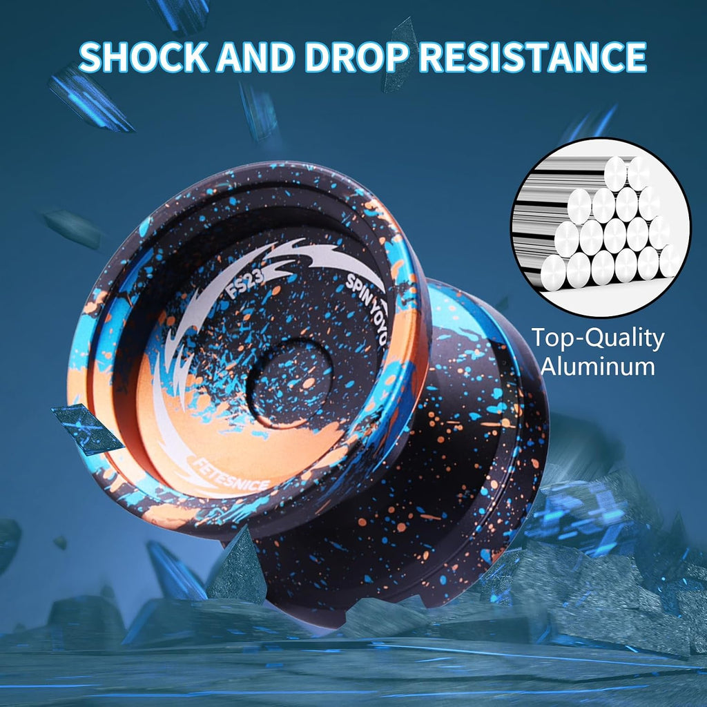 FS23 Finger Spin Yoyo - Yoyo profesional de trucos de metal, sensible y no responde para niños de 8 a 12 años y adultos, doble función Fingerspin trick yoyo con cuerdas y accesorios, negro, azul y