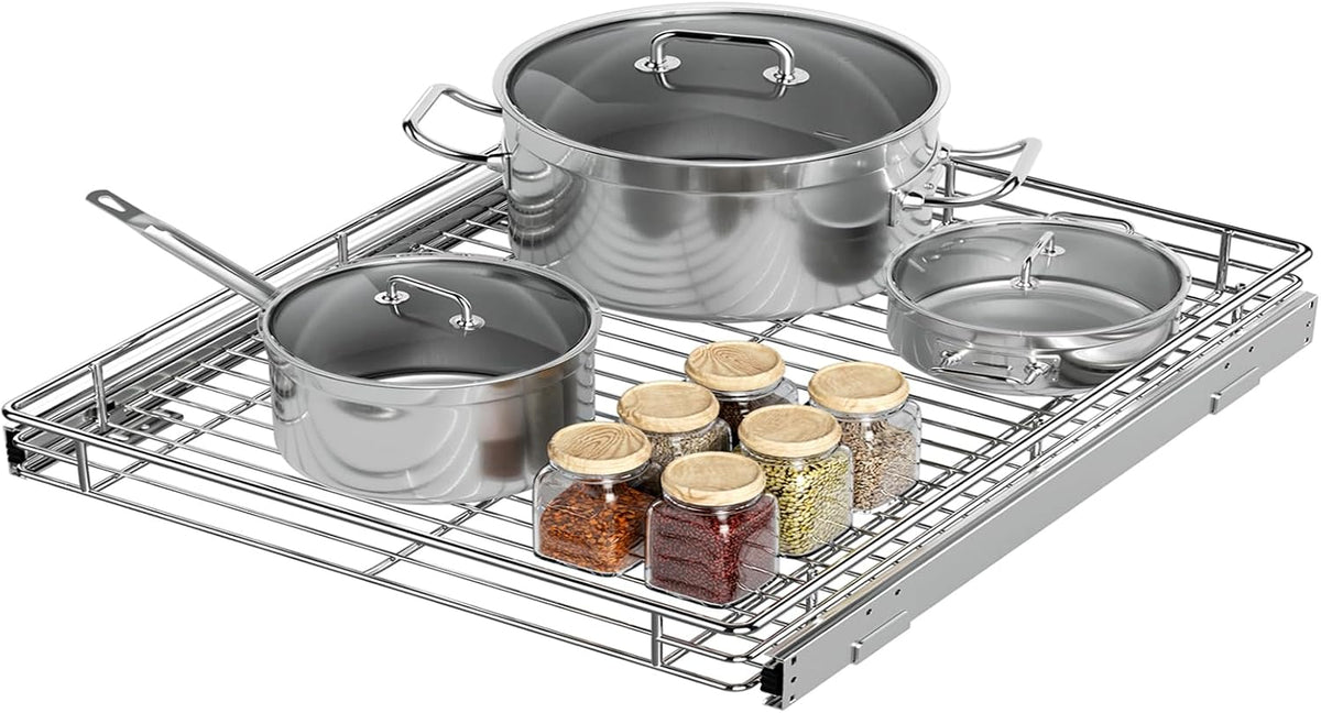 ZOINLIY Organizador de armario extraíble, versátil organizador de cocina deslizante y almacenamiento, cesta de almacenamiento de cajones resistente, deslizamiento suave, acabado cromado, 22.8 pulgadas