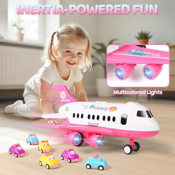 Dwi Dowellin Juguete de avión rosa con 6 camiones y tapete de juego...