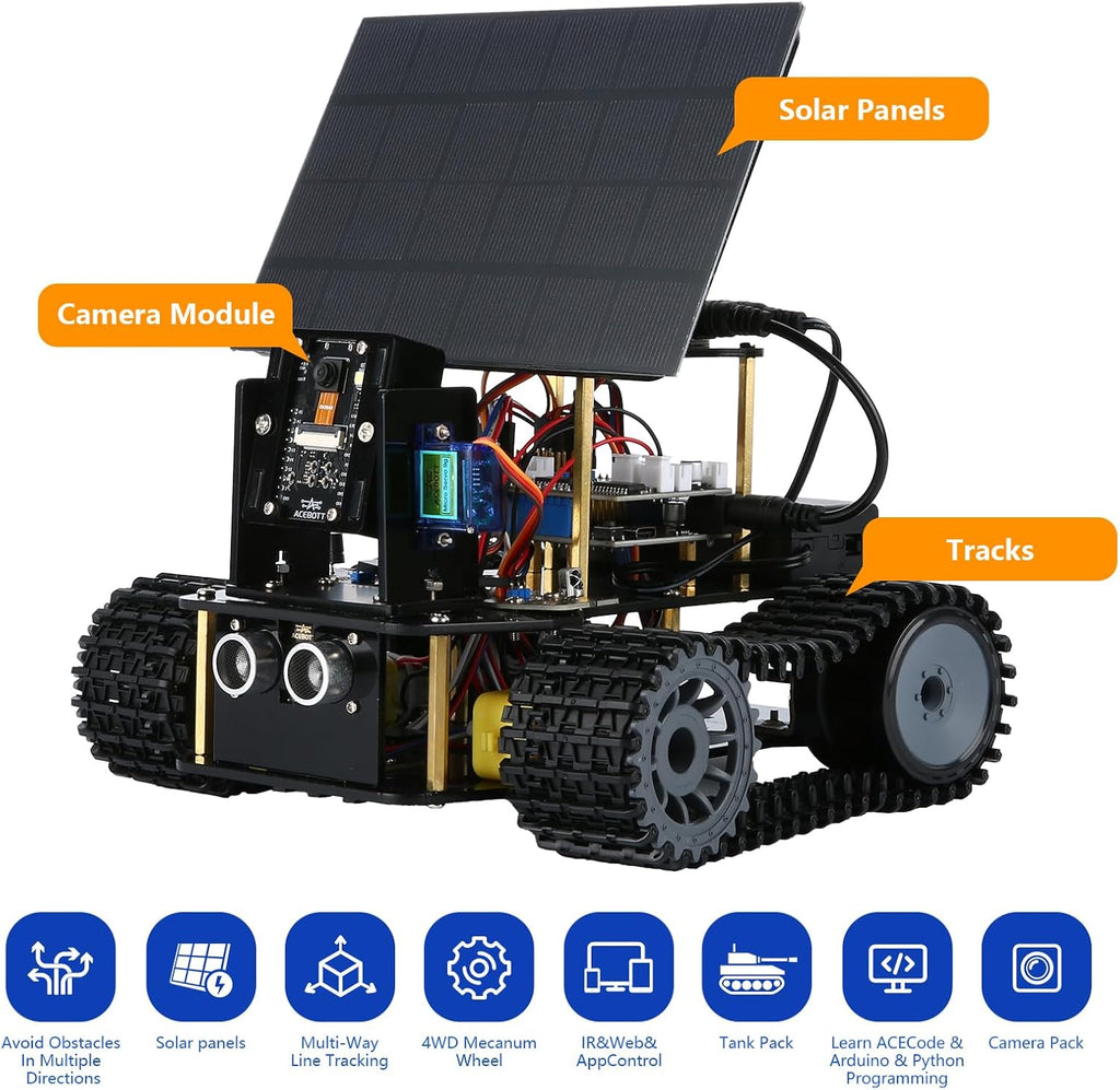 Kit de tanque de robot solar con cámara inteligente ESP32 5 en 1, kit de robótica de juguete STEM para niños de 8 a 16 años, aplicación y control remoto, automóvil 4WD con cámara de 3 MP, kit de codificación científica educativa Arduino, regalo para
