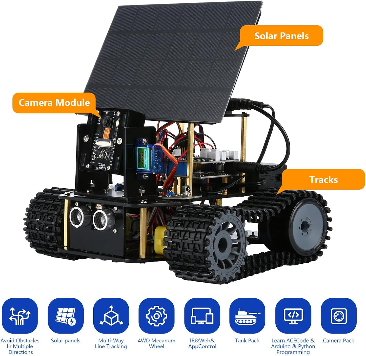 Kit de tanque de robot solar con cámara inteligente ESP32 5 en 1, kit de robótica de juguete STEM para niños de 8 a 16 años, aplicación y control remoto, automóvil 4WD con cámara de 3 MP, kit de codificación científica educativa Arduino, regalo para